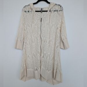 XCVI Cream Lace Crochet Hooded Half Sleeve Full Zip Cardigan Sz L